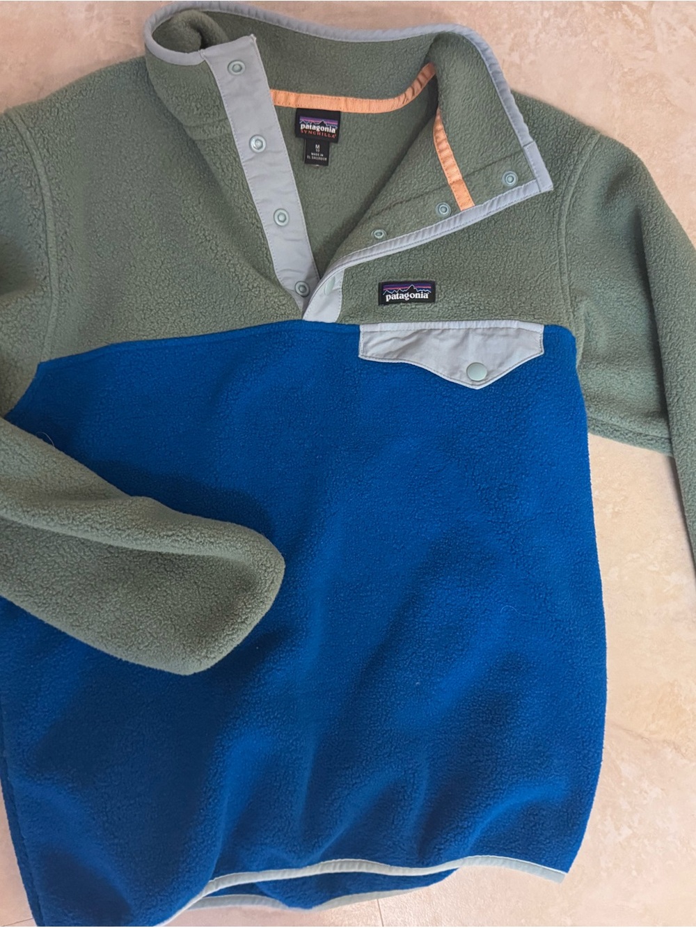 Patagonia Olive Green & Royal Blue Colorblock Snap-T Fleece Pullover